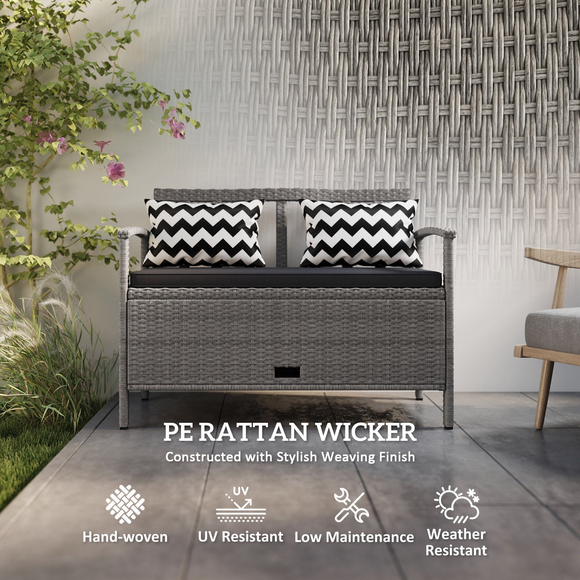 Outsunny 160L Rattan Garden Storage Bench, Cushioned Outdoor Bench, Grey