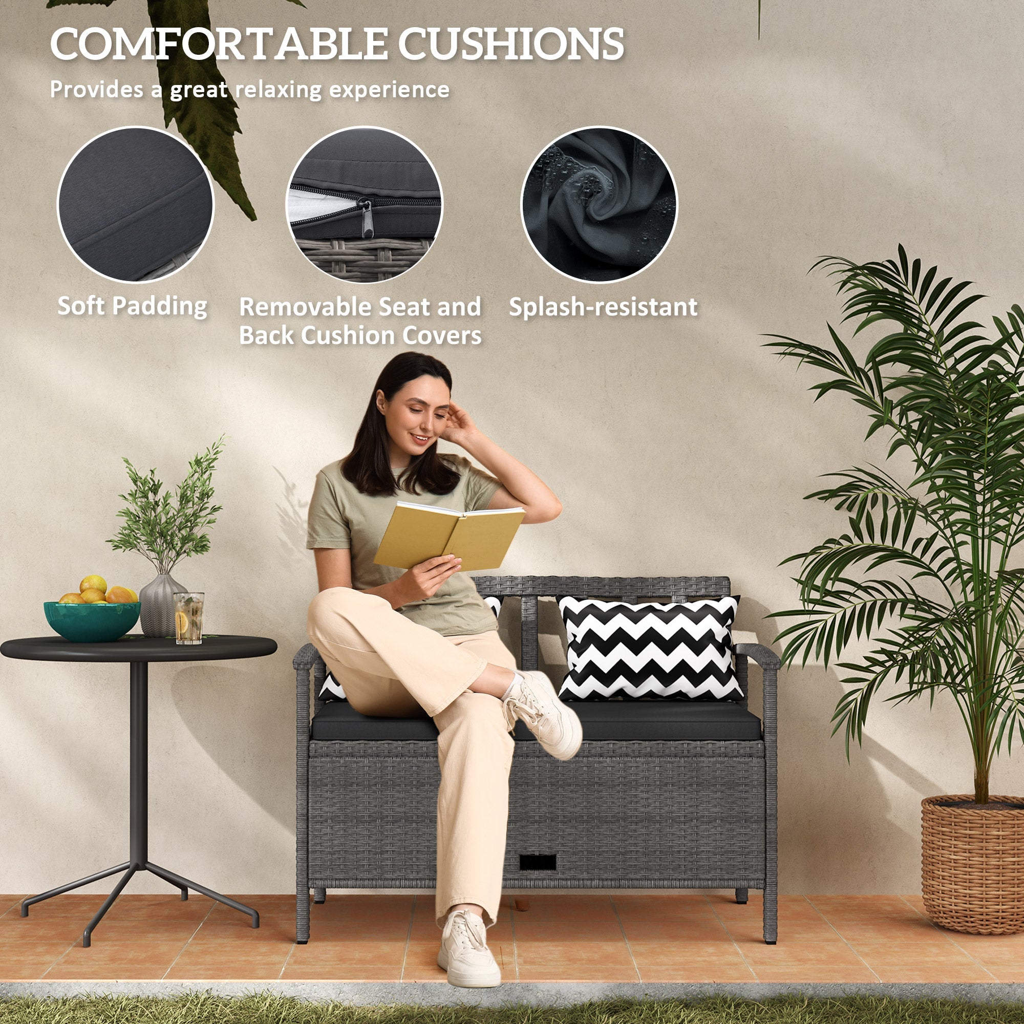 Outsunny 160L Rattan Garden Storage Bench, Cushioned Outdoor Bench, Grey