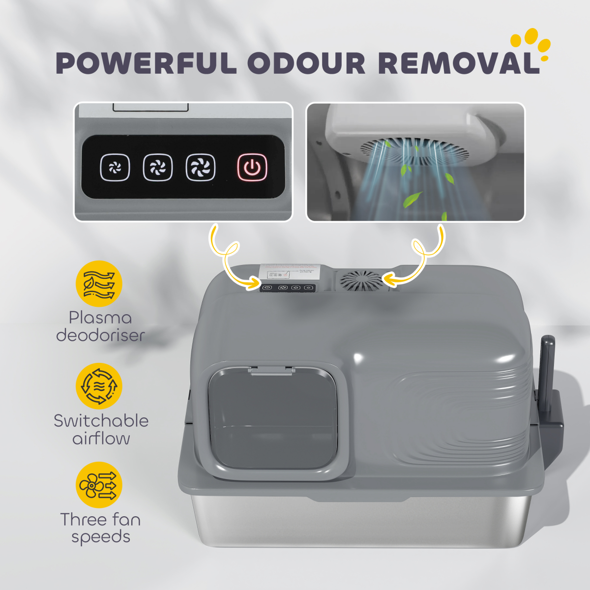 PawHut 65L XL Stainless Steel Litter Tray with Plasma Deodoriser System