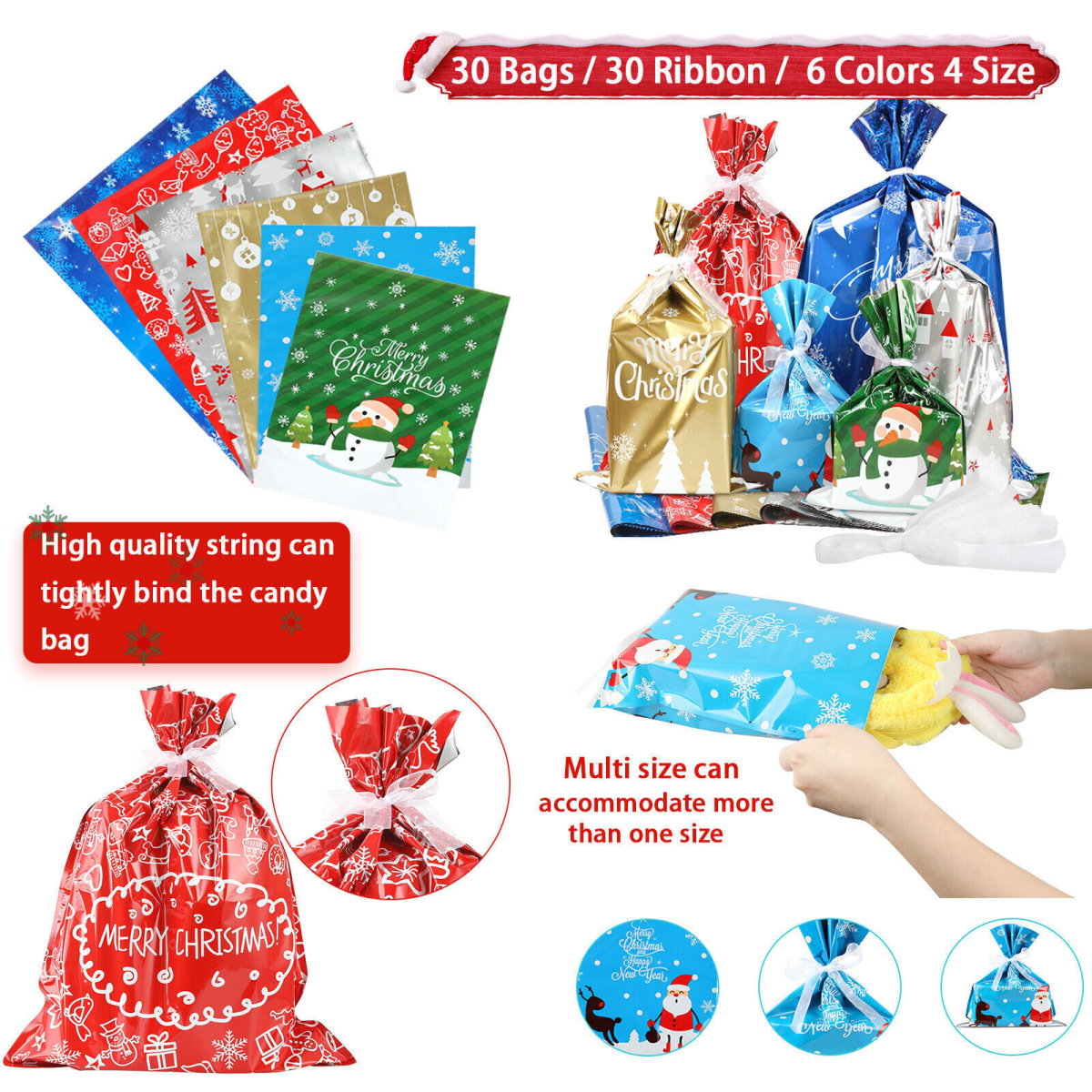 30pcs Christmas Gift Bags Santa Printed Packaging Xmas Treat Foil Drawstring Bag