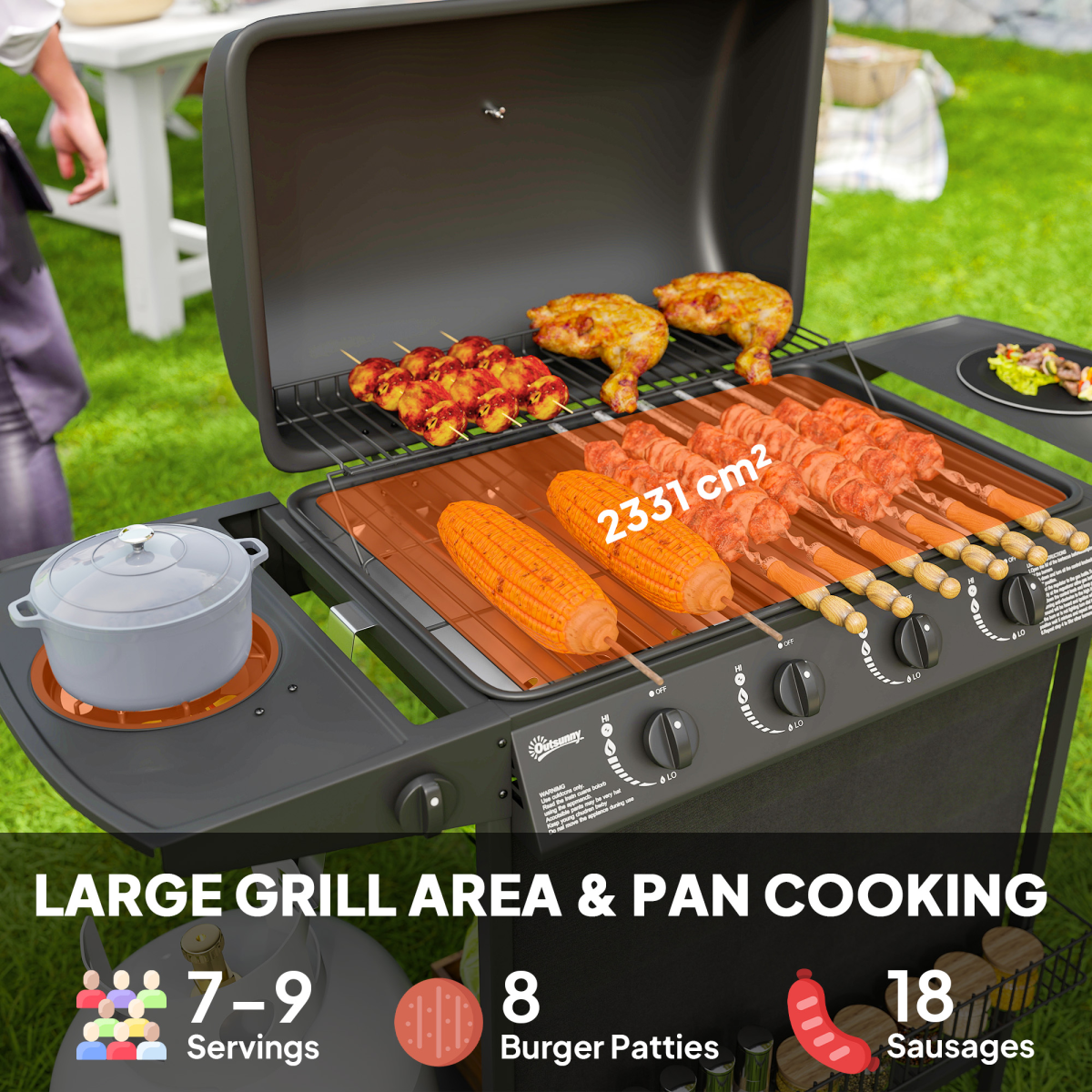 Outsunny 5 Burner Gas Barbecue Grill Portable Gas BBQ Grill with Lid, Black