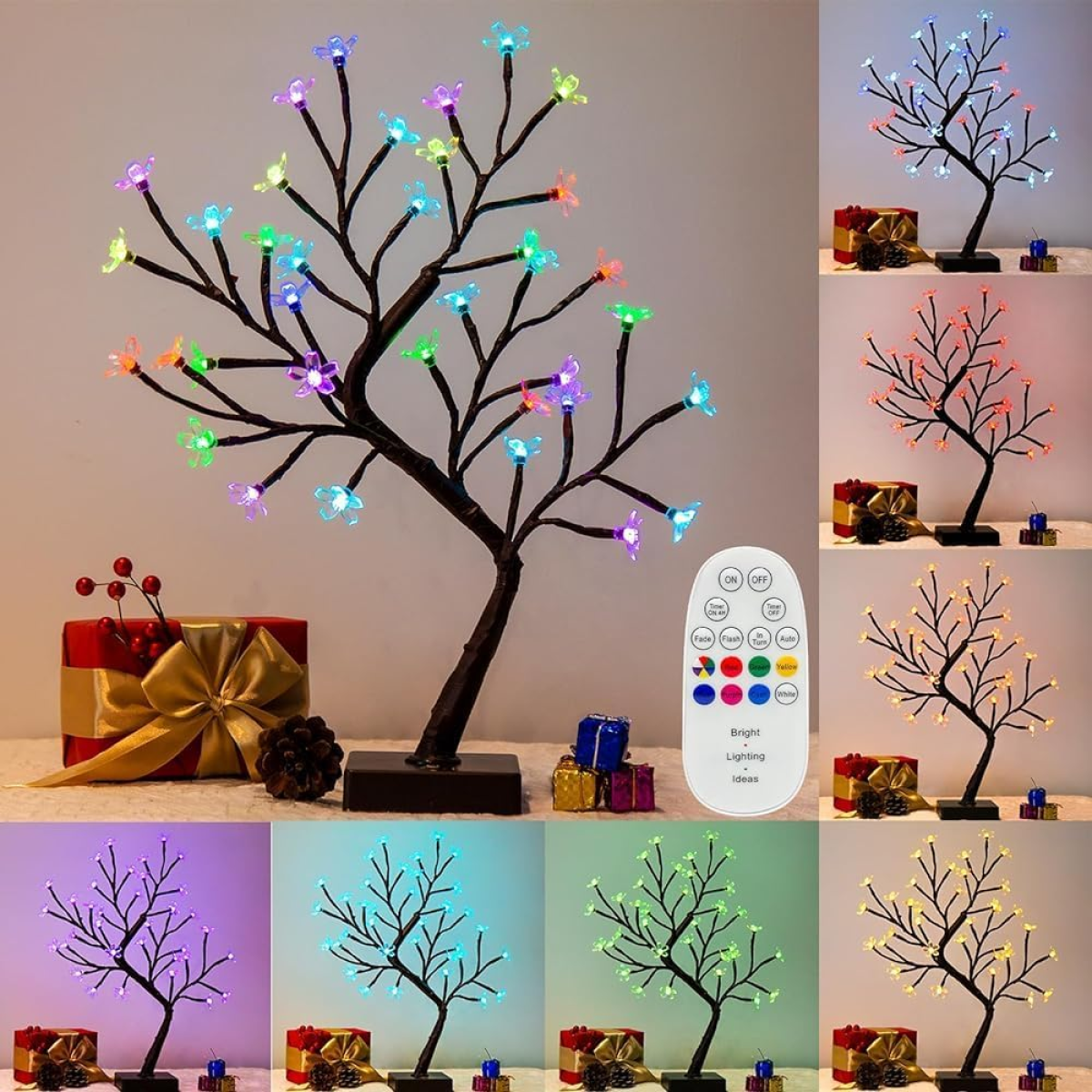 Cherry Blossom Tree Lamp Flower, 36 Led Colour Changing, Brown Twig Tree Christmas Decorations Indoor Home Bedroom Tabletop Decoration