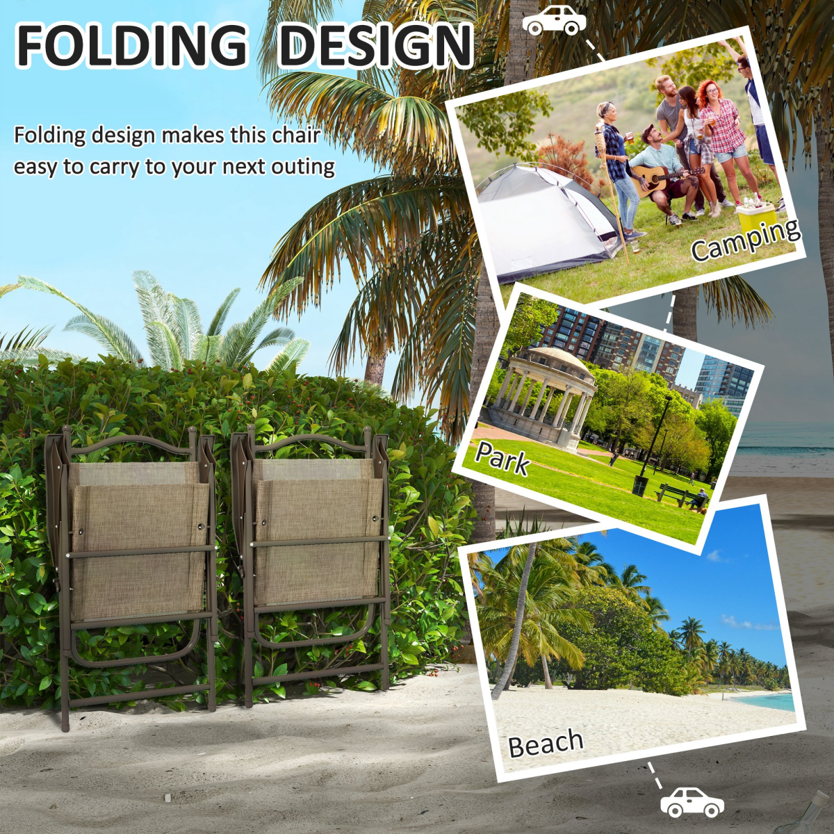 Outsunny Folding Chairs Set, Breathable Mesh Fabric Seat, Mixed Brown