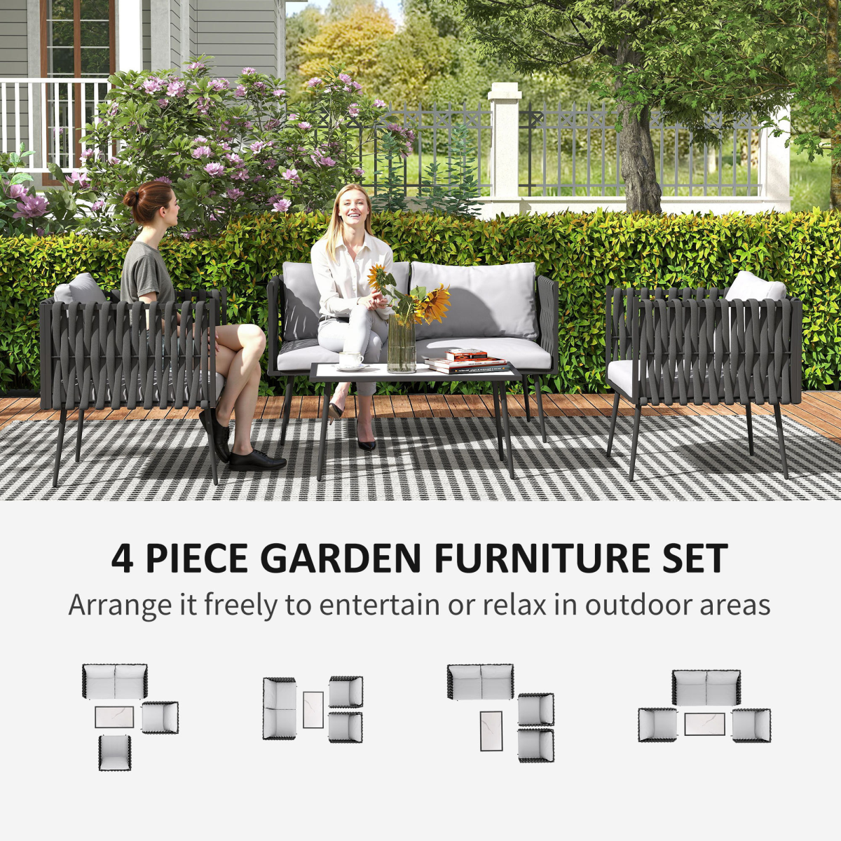 Outsunny 4 Piece Garden Furniture Set with Cushions for Patio, Light Grey