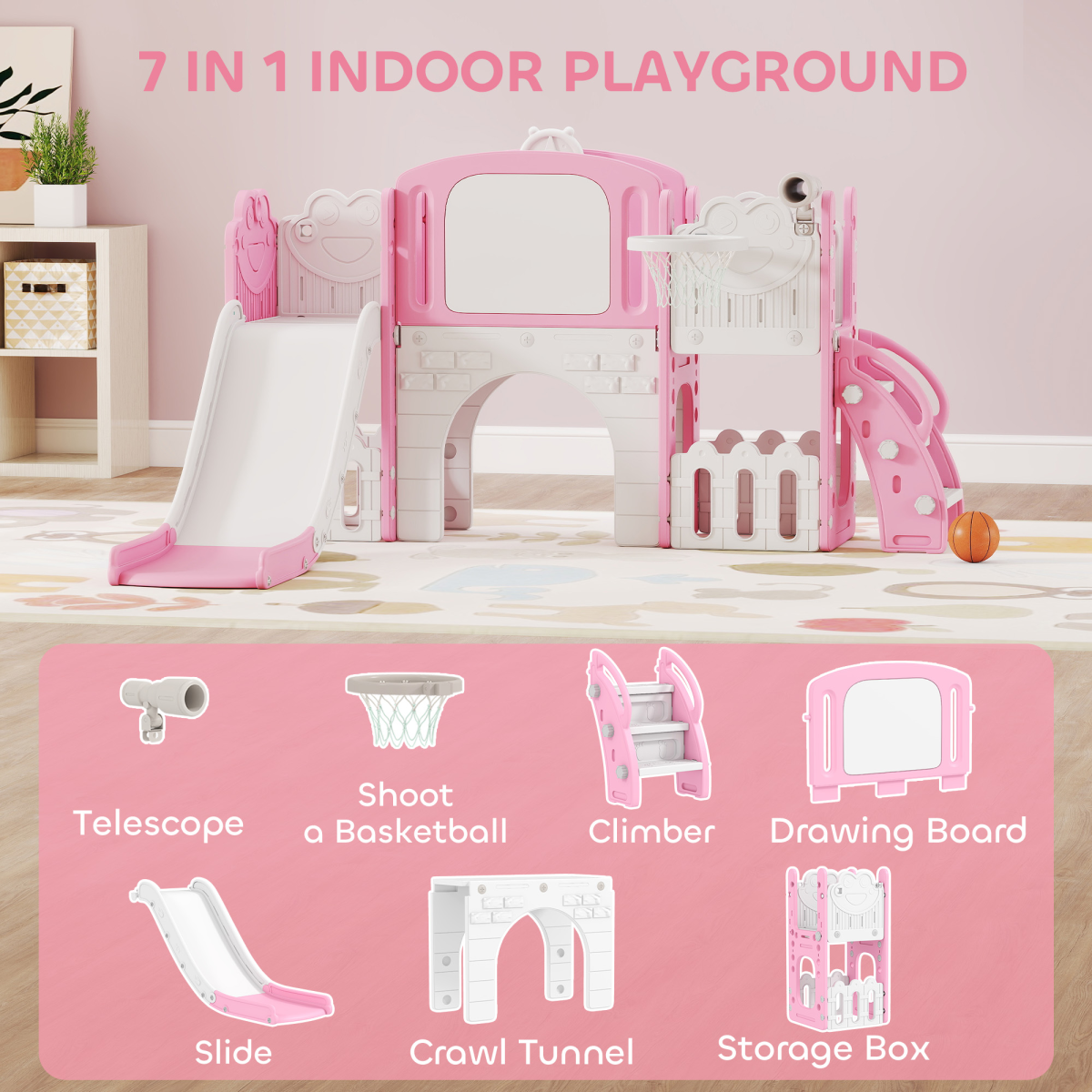 AIYAPLAY 7 in 1 Toddler Slide Set, Frog Theme Playset with Basketball Hoop