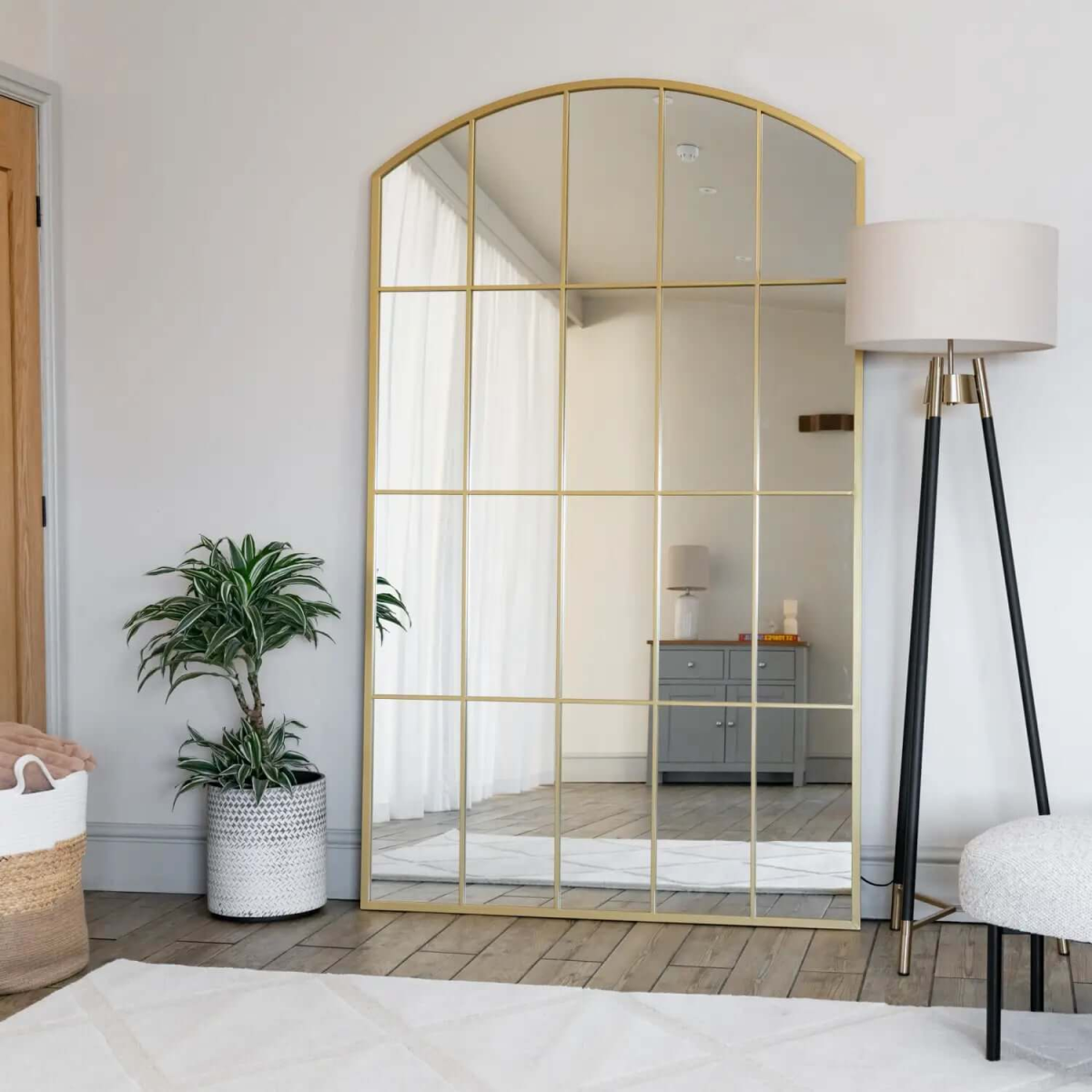 Tomi- Full Length Gold Metal Arched Lattice Window Mirror - 180cm x 105cm.