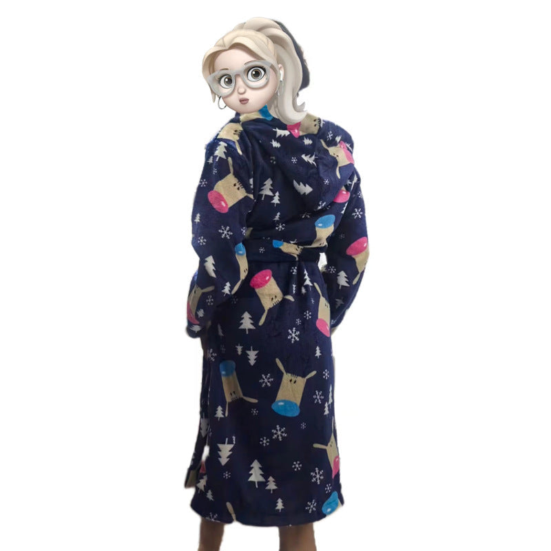 Flannel Hooded Loungewear Robe, Printed Cartoon Bathrobe