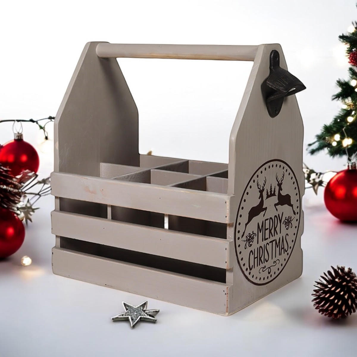 RUSTIC GREY 6 BOTTLE HOLDER WITH OPENER