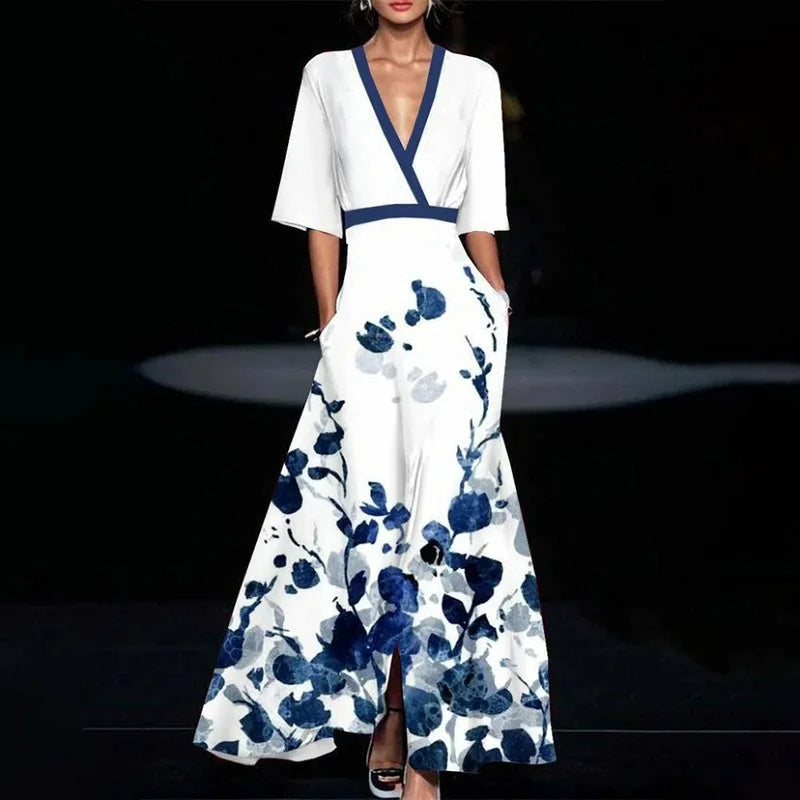 Summer V-neck Split Short-sleeved Dress Fashion Flower Print A-line Long Dresses Party Club Beach Clothing For Women