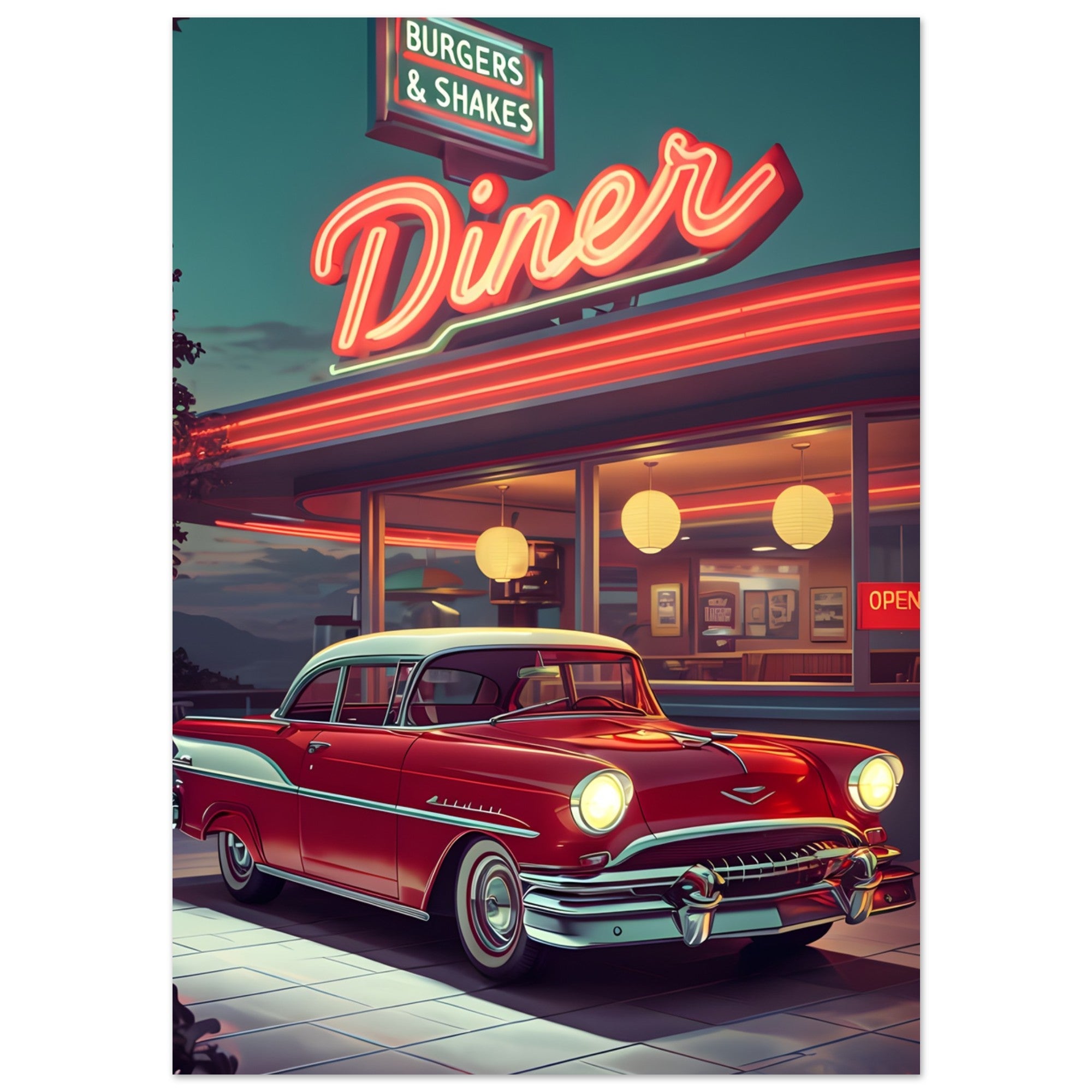 Vintage Red Car and Retro Diner Poster - Classic Americana Wall Art on Semi-Glossy Paper