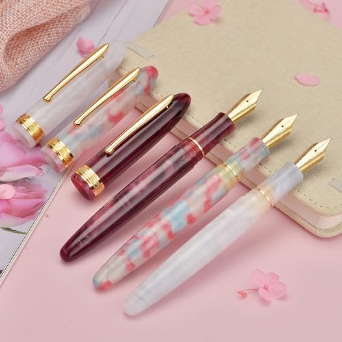 Hong Dian N9 Fountain Pen, Long Leaf Medium Point Gold Ornaments, Jade White and Acrylic Design with Converter and Metal Feather Box Set
