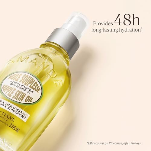 L'OCCITANE Almond Supple Skin Oil 100ml, 50% Pure Almond Oil for Deep Hydration & Glow, Vegan, Fast-Absorbing Body Oil, Luxury Clean Beauty Skincare for Soft, Supple Skin