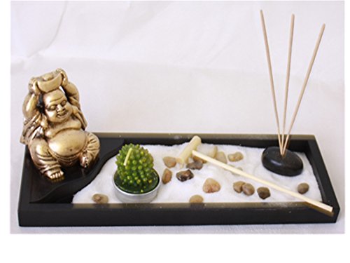 London Boutique Zen Garden laughing Buddha Ornament Statue Candle Holders Natural Stone Rattan Incense rake Gift Set (Laughing Buddha HY198)