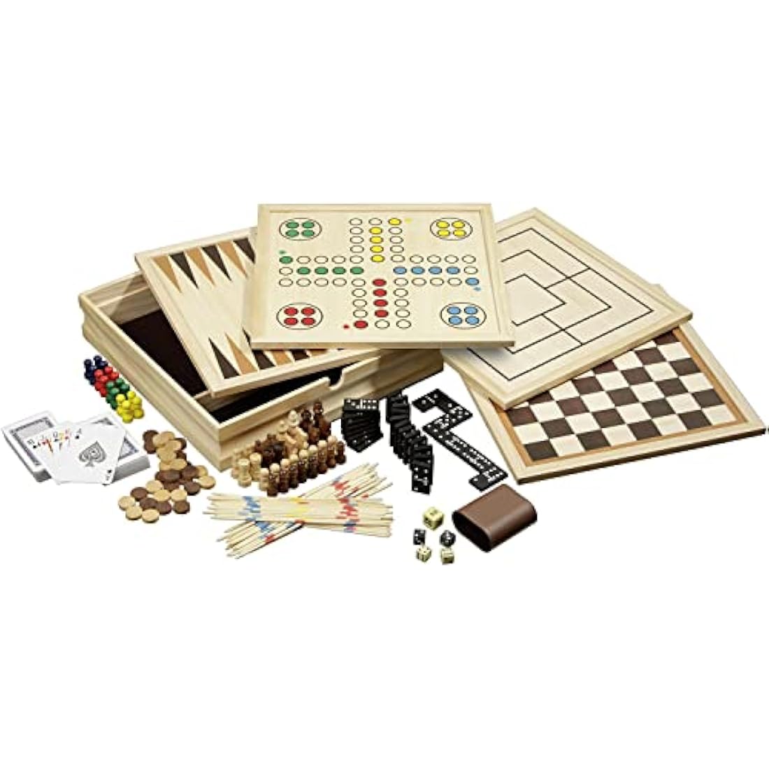 Philos Wooden Game Compendium - 30cm - 8 in 1 Board Game - Chess, Backgammon, Draughts, Nine Mens Morris, Ludo, Dominoes, Playing cards and Mikado - Games for kids and adults