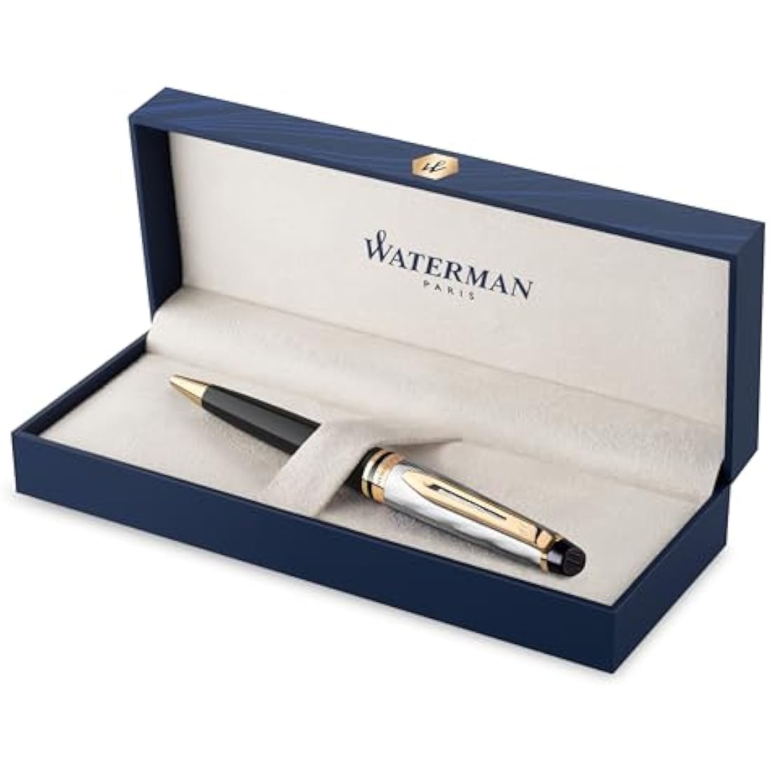 Waterman Expert Ballpoint pen | Metal & Black Lacquer with Gold trim & Chiselled cap | Medium tip | Blue Ink | Gift Box