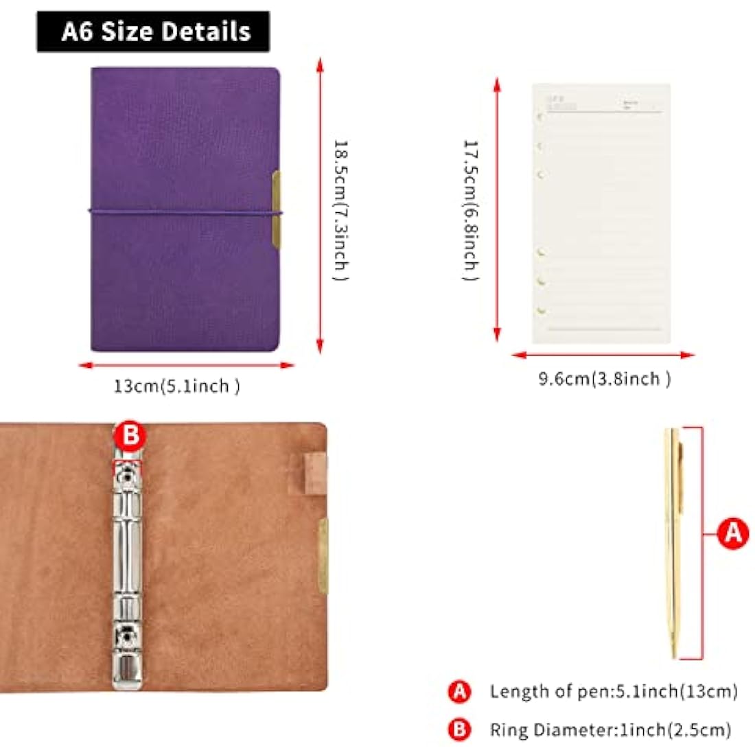 WONDERPOOL A6 Leather Diary Lined Paper Notebook & Pen - Refillable 6 Ring Binder Writing Spiral Journal for Office Travel Work and Plan Agenda (b-Purple, A6)