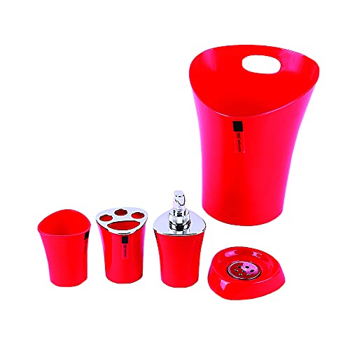 London Boutique Bathroom Accessories 5 piece Set Colour Matching Bin Soap Dish Soap Dispenser Toothbrush Holder Tumbler (Red)