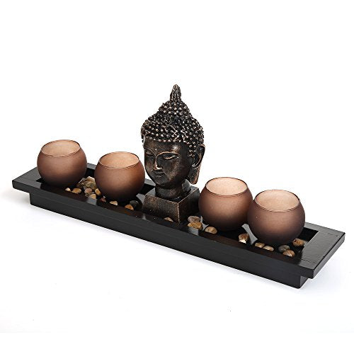 London Boutique Zen Garden Thai Buddha Head Ornament Statue Candle Holders Gift Set