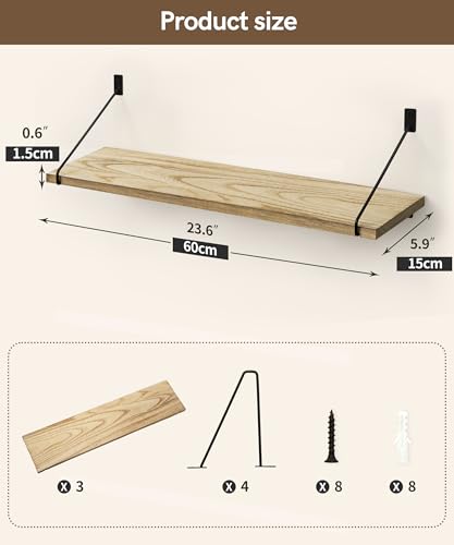 Petrala Floating Shelves Wooden for Wall Rustic Hanging Shelves Wall Mounted Shelf Long 60cm for Kitchen Bedroom Bathroom Living Room Hallway Display