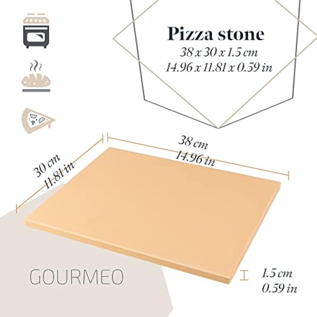 GOURMEO Pizza Stone Kit w/Bamboo Wood Paddle - 38x30cm - Cordierite Pizza Stones for Oven & BBQ - Even Heat Distribution