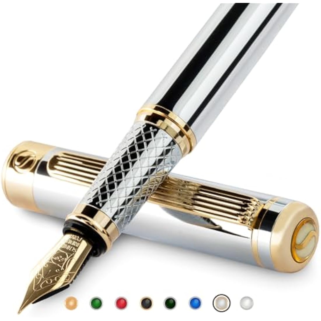 Scriveiner Silver Chrome Fountain Pen - Stunning Luxury Pen, Real Gold Plating, Schmidt Gilded Nib (Extra Fine), Best Pen Gift Set for Men & Women Professional Executive Office Nice Designer Pen