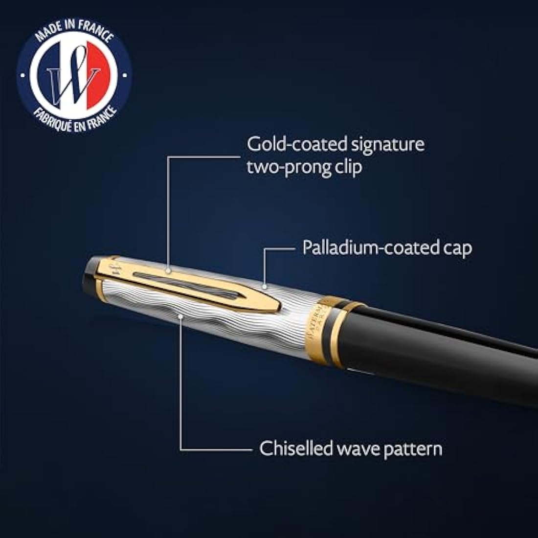 Waterman Expert Ballpoint pen | Metal & Black Lacquer with Gold trim & Chiselled cap | Medium tip | Blue Ink | Gift Box