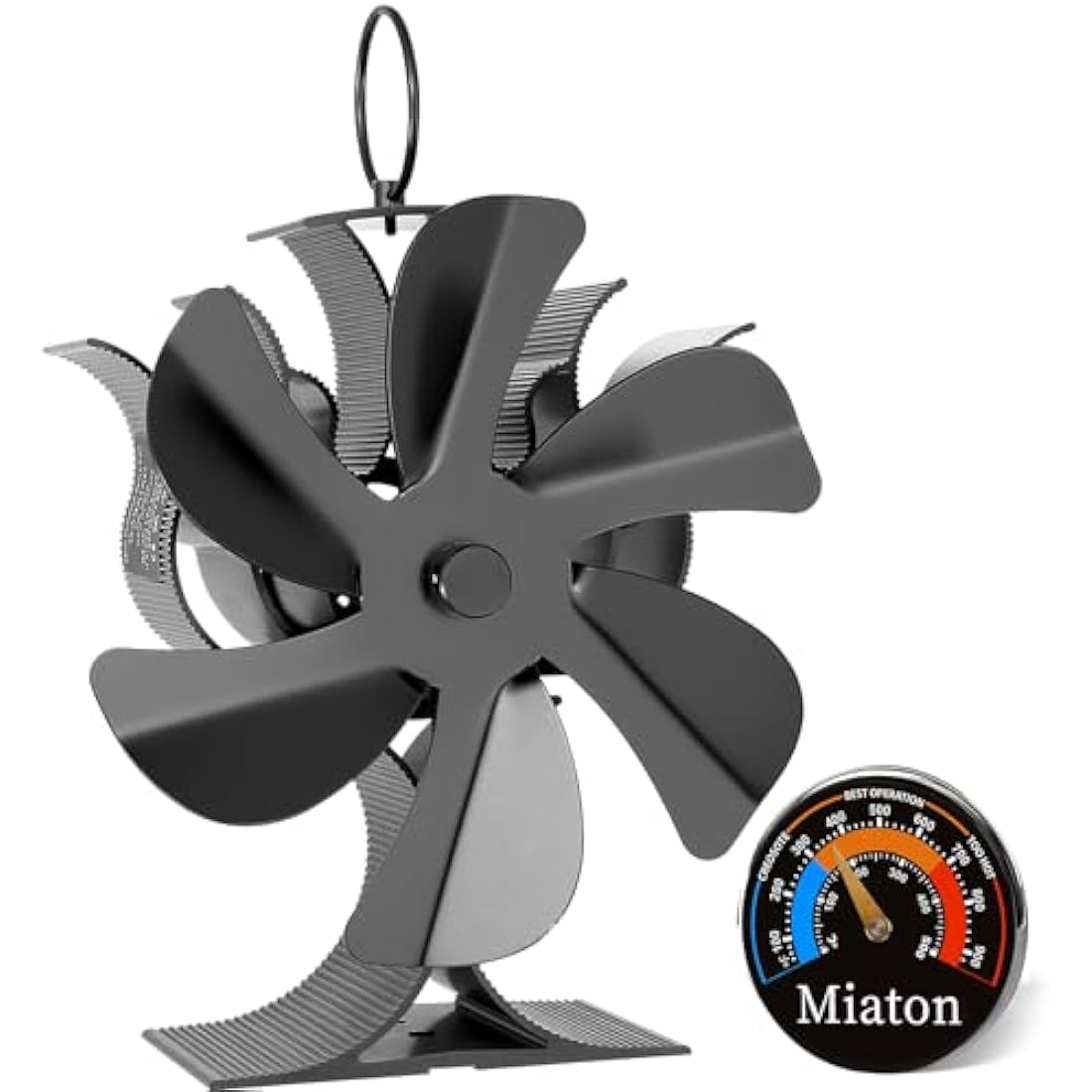 Miaton Log Burner Fan Silent Operation | 6-Blade Stove Fans for Wood Burner | Heat Powered Wood Burning Stove Fan with Log Burner Thermometer | Fireplace Accessories Tools