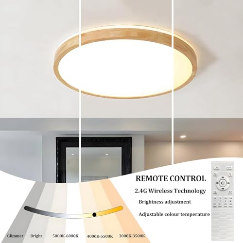 YYUTLUO LED Ceiling Light Wood, Top 360 Glow Round Natural Wooden Lamp | Dimmable with Remote Control 2700K-6500K, 30W | Living Room, Dining Room,