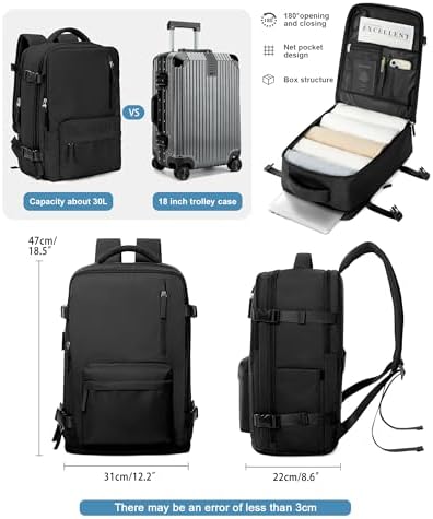 VGCUB Arge Travel Backpack, Unisex Airline Approved Gym Backpack with Laptop Compartment, 40L, Nylon, Water Resistant, Solid Black