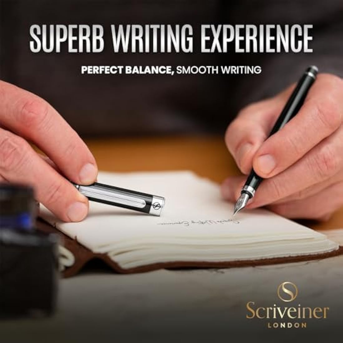 Scriveiner Black Green Fountain Pen - Stunning Luxury Pen with Chrome Finish, Schmidt Nib (Fine), Best Pen Gift Set for Men & Women, Professional, Executive, Office, Nice Pens