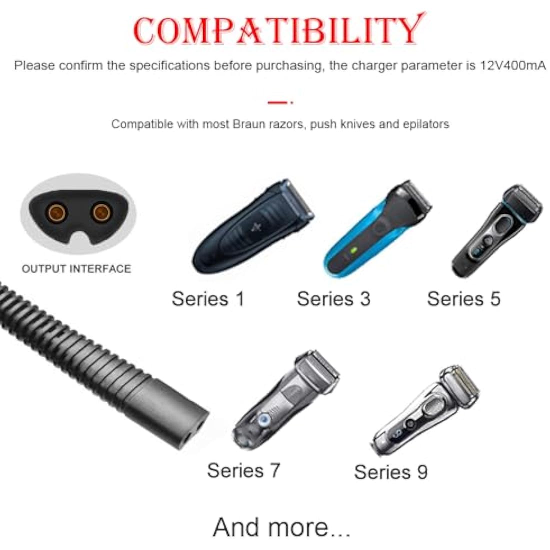 MEROM 12V Shaver Charger Power Cord - Compatible with Braun Series 1, 3, 5, 7, 9 - Rozor Power Adapter