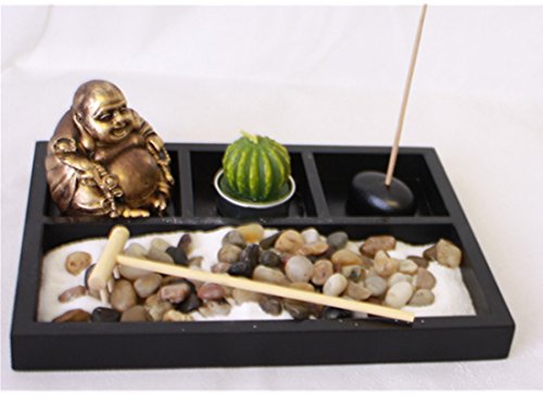 London Boutique Thai Sitting Down Buddha Ornament Statue Candle Holders Natural Stone Rattan Incense Gift Set (Laughing Buddha HY197)