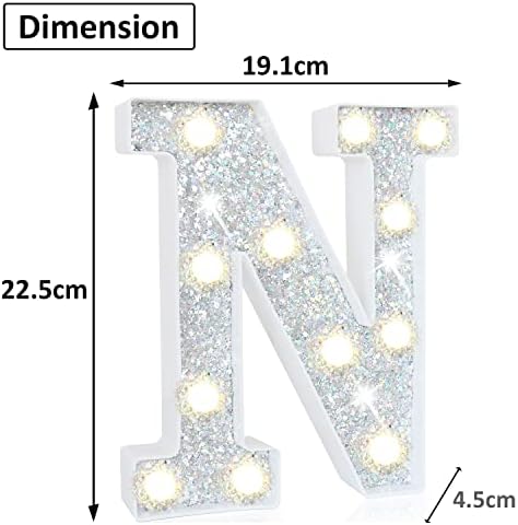 LED Marquee Letter Lights, Light Up Silver Letters for Bedroom Glitter Gifts for Teenage Girls Alphabet Letter Sign Battery Powered Night Light Birthday Party Wedding Home Decoration, Silver Letter N