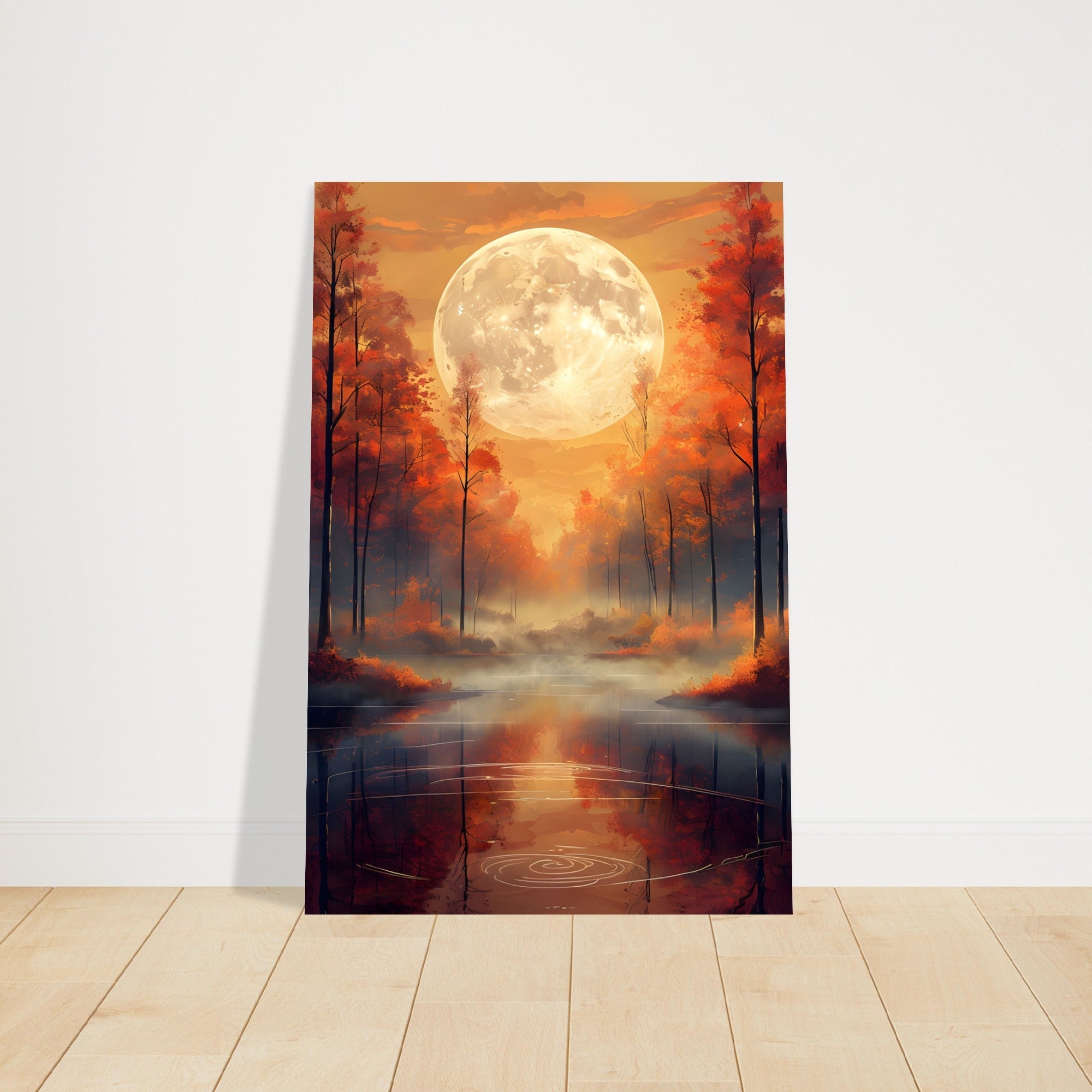 Experience the tranquility of nature with our "Serene Autumn Landscape with Luminous Full Moon" Art Poster