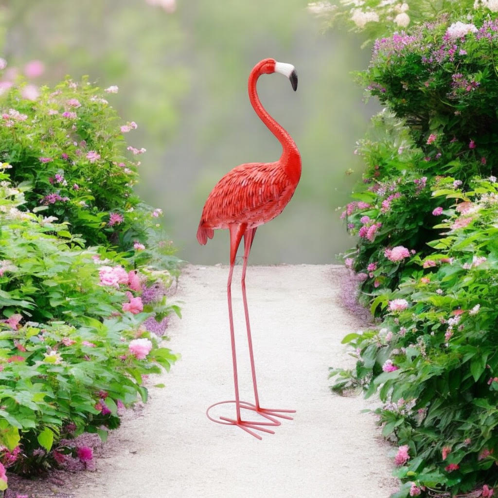 Flamingo Garden Ornament - Metal - L30 x W50 x H150 cm - Pink