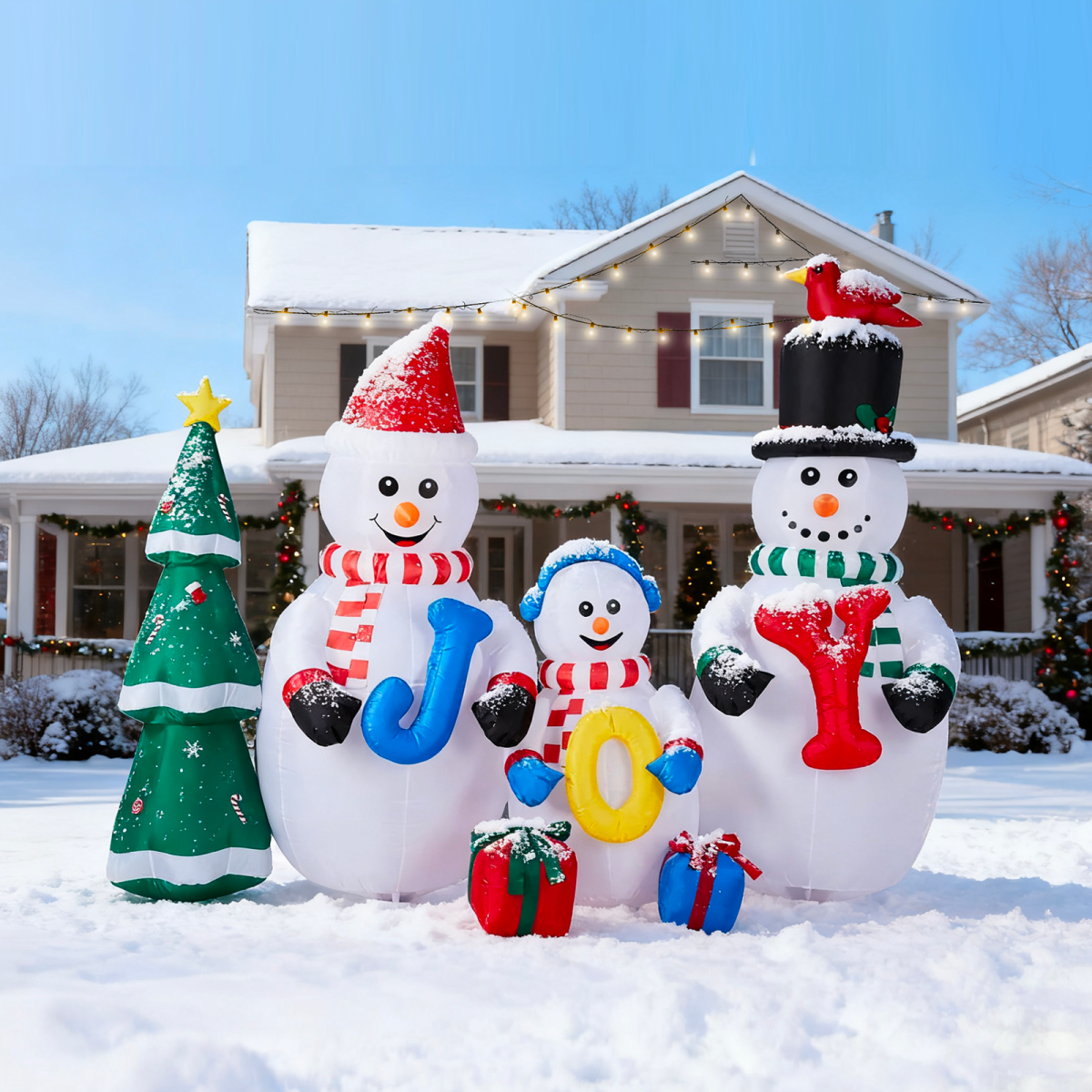 2.4M Lighted Christmas Inflatable Decoration, Inflatable Snowman Family with JOY and Xmas Tree, Funny Blow Up Yard Decorations with Built-in LED Lights for Holiday Party Front Yard Lawn Garden Decor