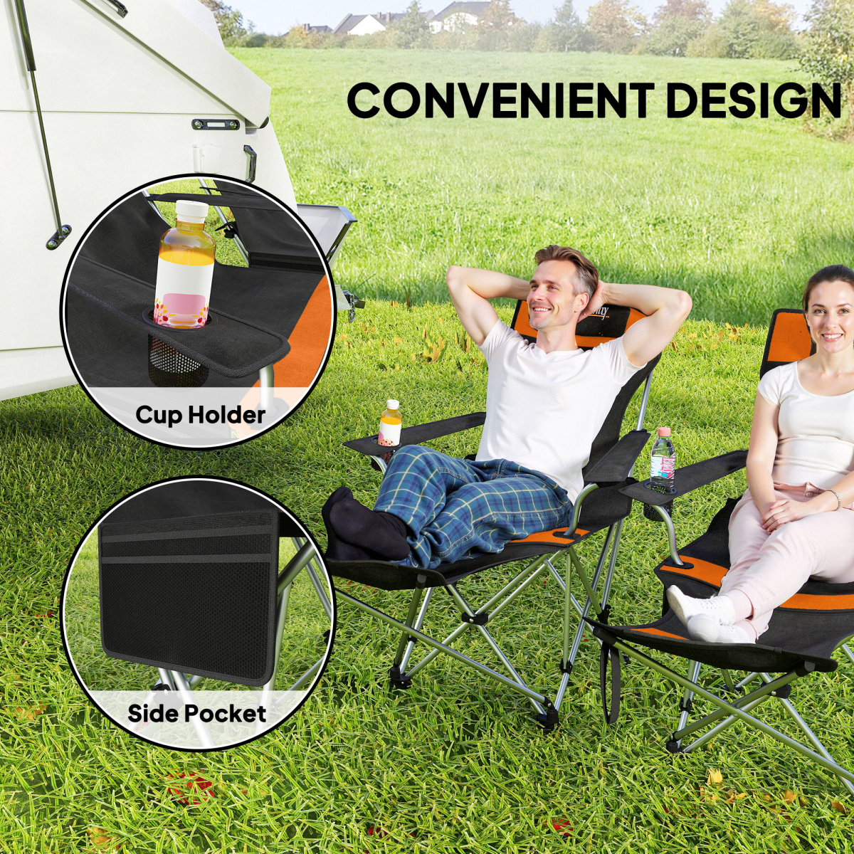 Outsunny Set of 2 Reclining Camping Chairs, Orange and Black