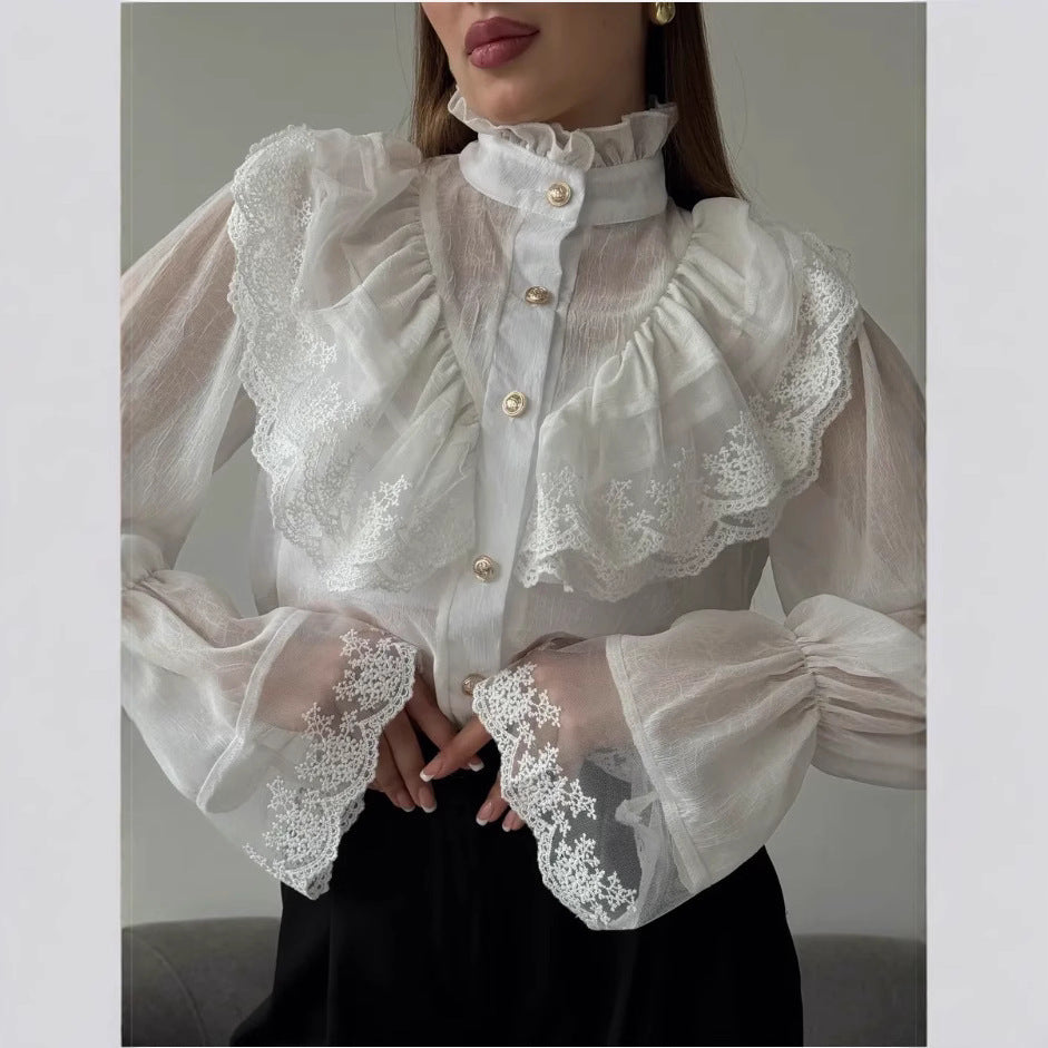 Stand-collar Chiffon Top With A Fashionable Design And Ruffled Hem
