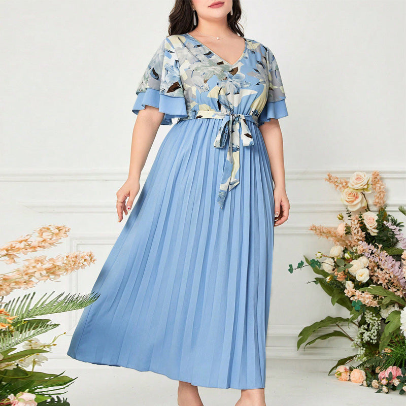 Printed V-neck Spliced Slim-fit Ladies Dress