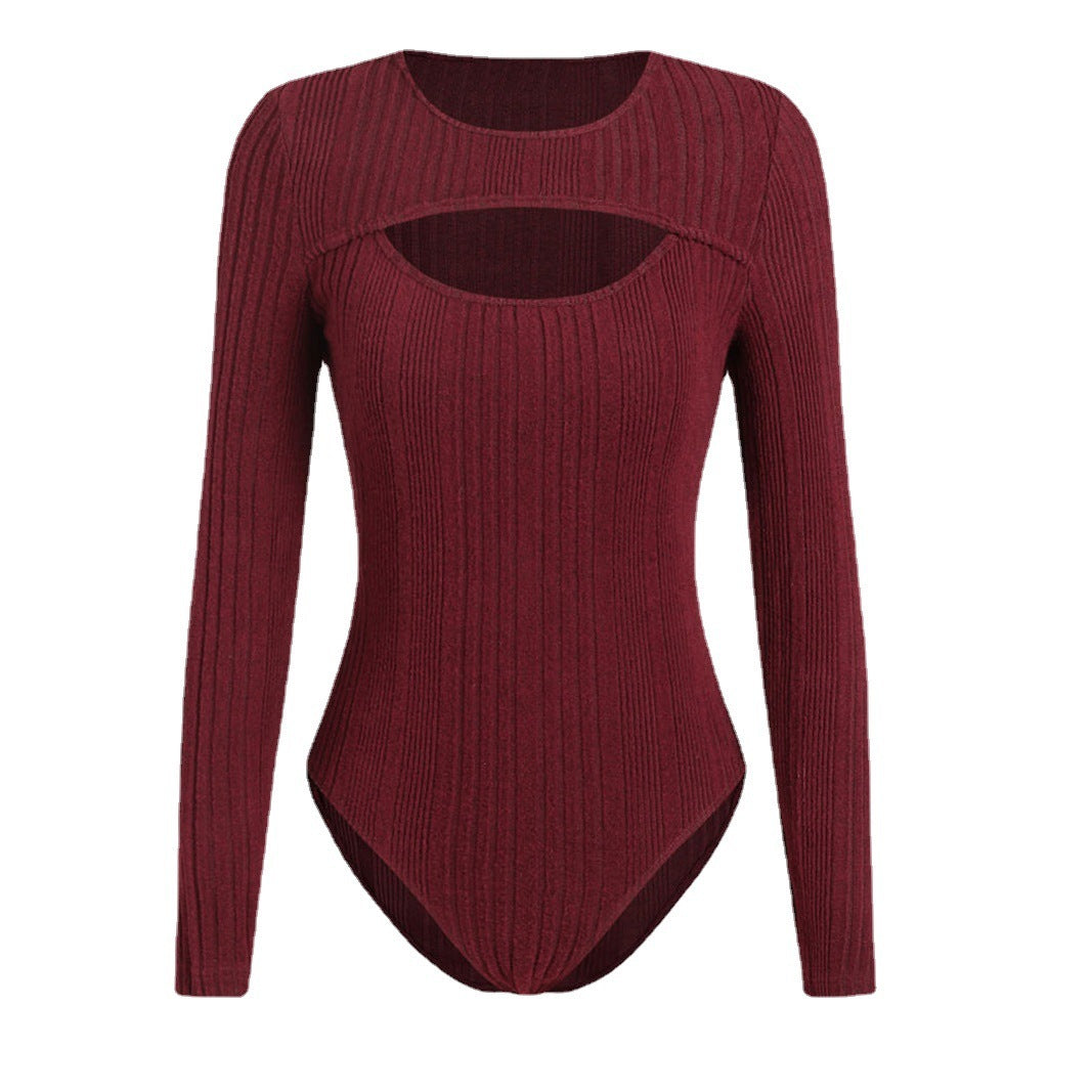 Sunken Stripe Hollow-out Slim-fit One-piece T-shirt Round Neck Long Sleeve Top