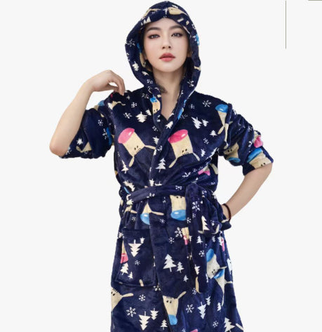 Flannel Hooded Loungewear Robe, Printed Cartoon Bathrobe