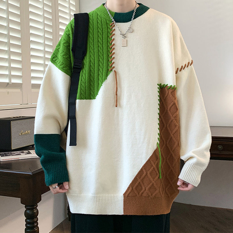 Ins Colorblock Pullover Sweater Winter Fashion Long Sleeve Knitted Top Men's Clothing