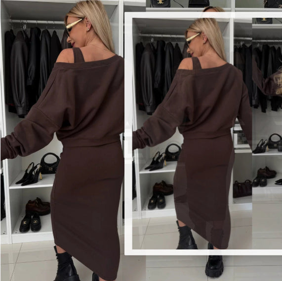 Women's Two Piece Dress Suit Fashion Long-sleeved V-neck Pullover Sweatshirt And Sleeveless Dresses Set
