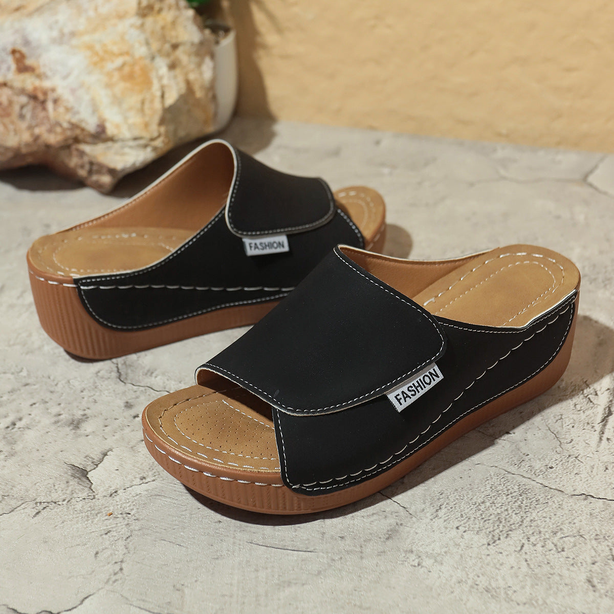 Summer Wedge Slides Slippers Fashion Fish Mouth Thick Bottom Roman Shoes Solid Color Beach Sandals For Women