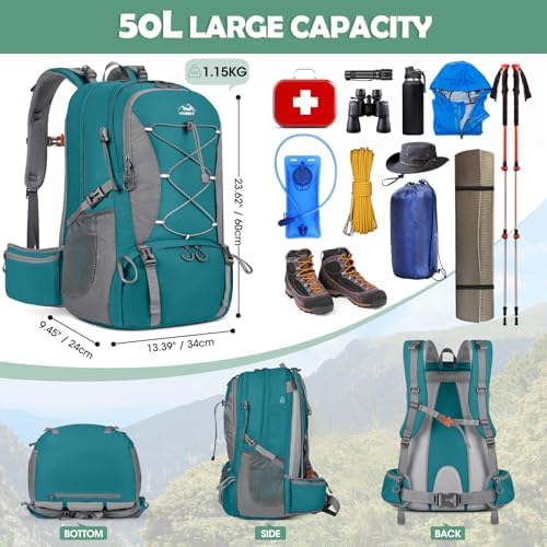 NUBILY Hiking Backpack 50L Waterproof Camping Backpack with Large Shoes Compartment and Wet Pocket Rucksack for Men Women Camping Backpack Lightweight Travel Backpack for Outdoor Sports