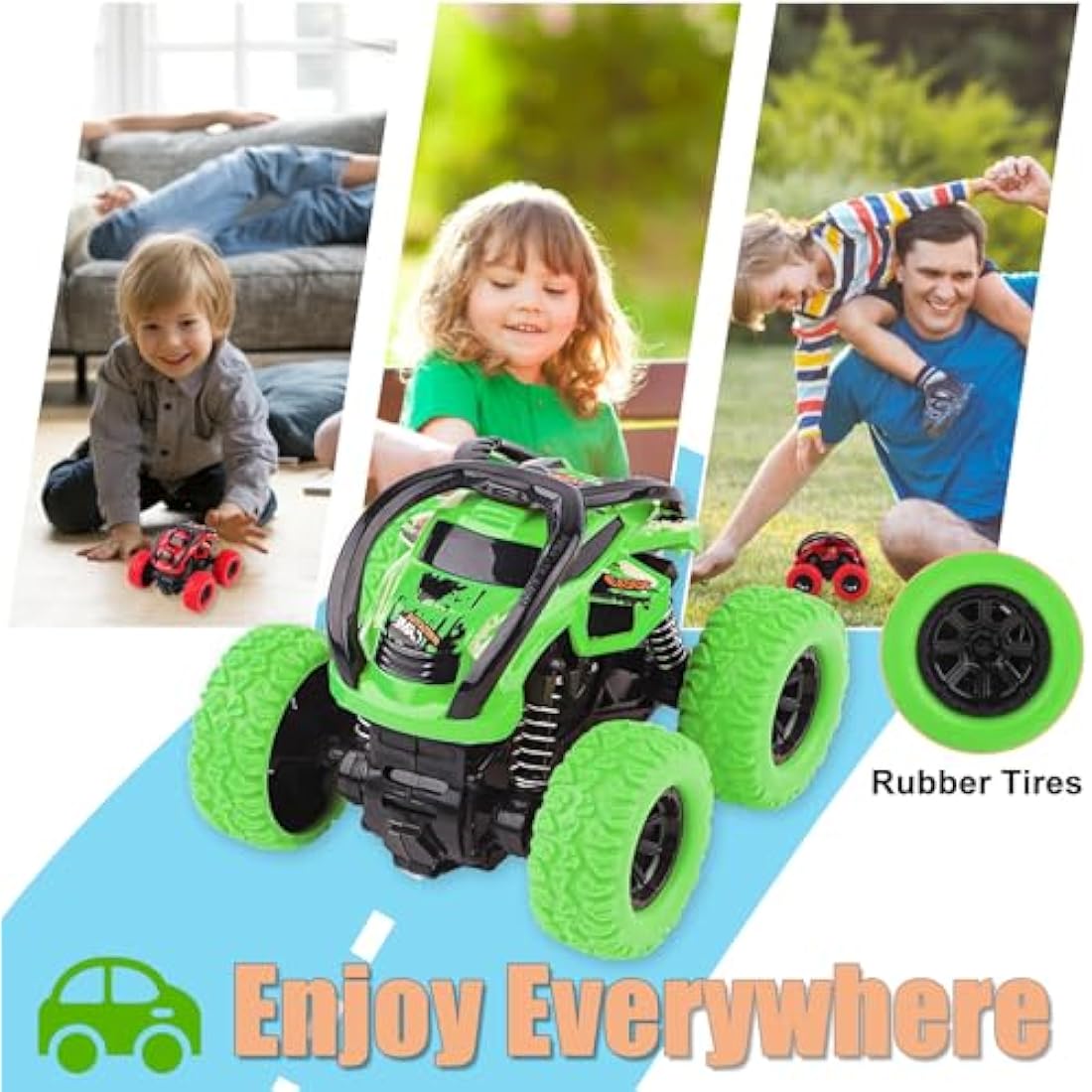 2 Pack Toy Cars For Toddlers 2+, 360 Degree Rotation Push And Go Vehicle, Kids Pull Back Cars Racing Game Toys Gift For 3 4 5 6 Toddler (Blue+Green)