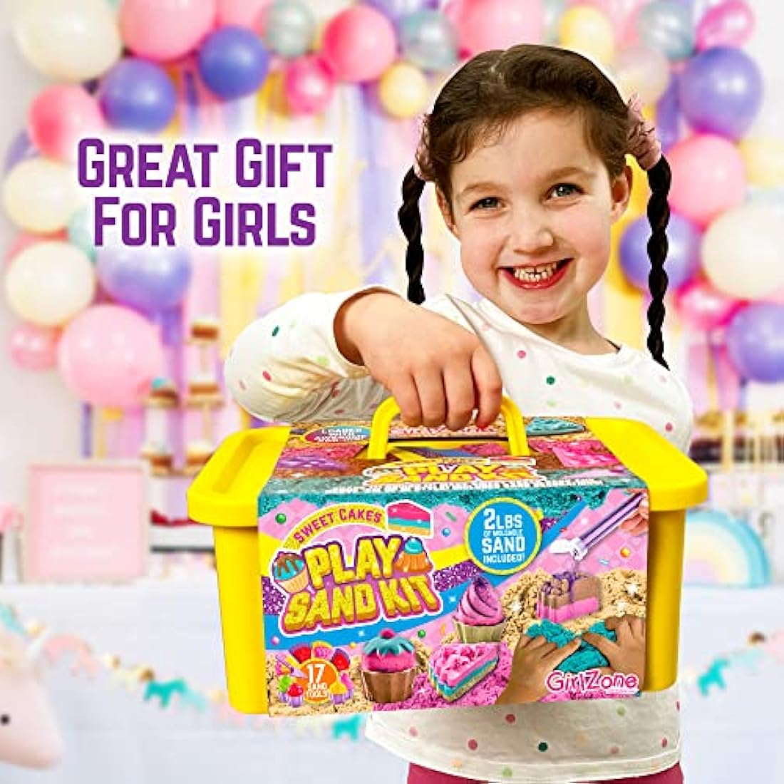 GirlZone Sweet Cakes Play Sand Kit, Play Sand for Kids Sand Pit Kit with 2lbs Mouldable Coloured Sand & 17 Sand Tools, Sand Toys for Toddlers Age 3-5