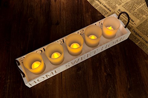 London Boutique Set 5 Tea Light Candle Holder Home Sweet Home with White Wooden Tray in Gift Box (Home Sweet Home Set 5)