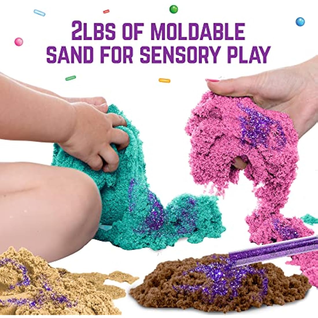 GirlZone Sweet Cakes Play Sand Kit, Play Sand for Kids Sand Pit Kit with 2lbs Mouldable Coloured Sand & 17 Sand Tools, Sand Toys for Toddlers Age 3-5