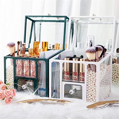 London Boutique Large Makeup Organiser Cosmetic Storage Makeup Brush Holder with Lid Dustproof Pearls (Pine Green)